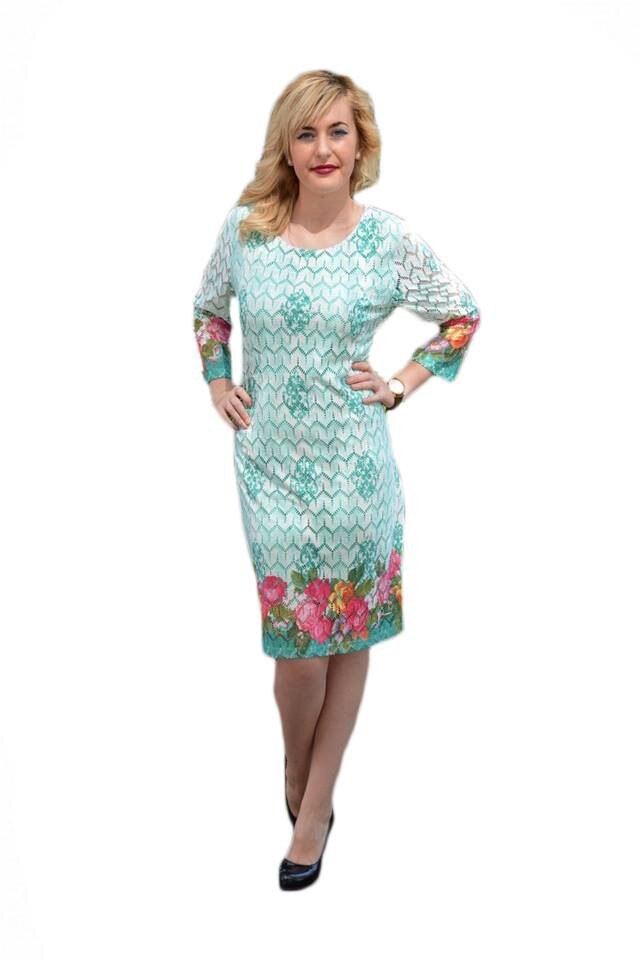 Rochie deosebita din material cu aspect de dantela cu flori,D&J Exclusive, Turcoaz