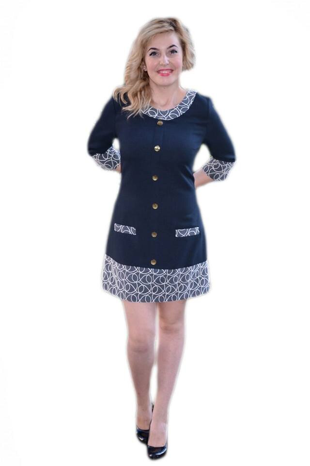 Rochie casual, model scurt, cu insertii de broderie si nasturi,D&J Excusive, Bleumarin / Alb