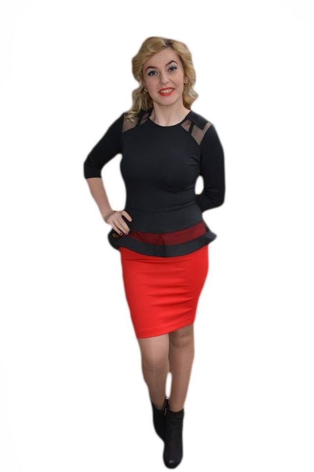 Rochie de ocazie cu peplum, D&J Exclusive, Negru/Rosu