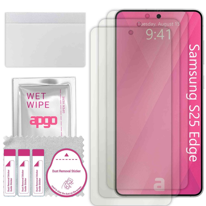 3x МАТОВ apgo протектор за екран за Samsung S25 Edge - самозалепващ се, цял дисплей, хидрогел, защита от надраскване, пълно лепене, 5D