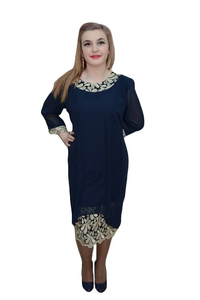 Rochie de ocazie, accesorizata cu broderie,D&J Exclusive, Albastru marin