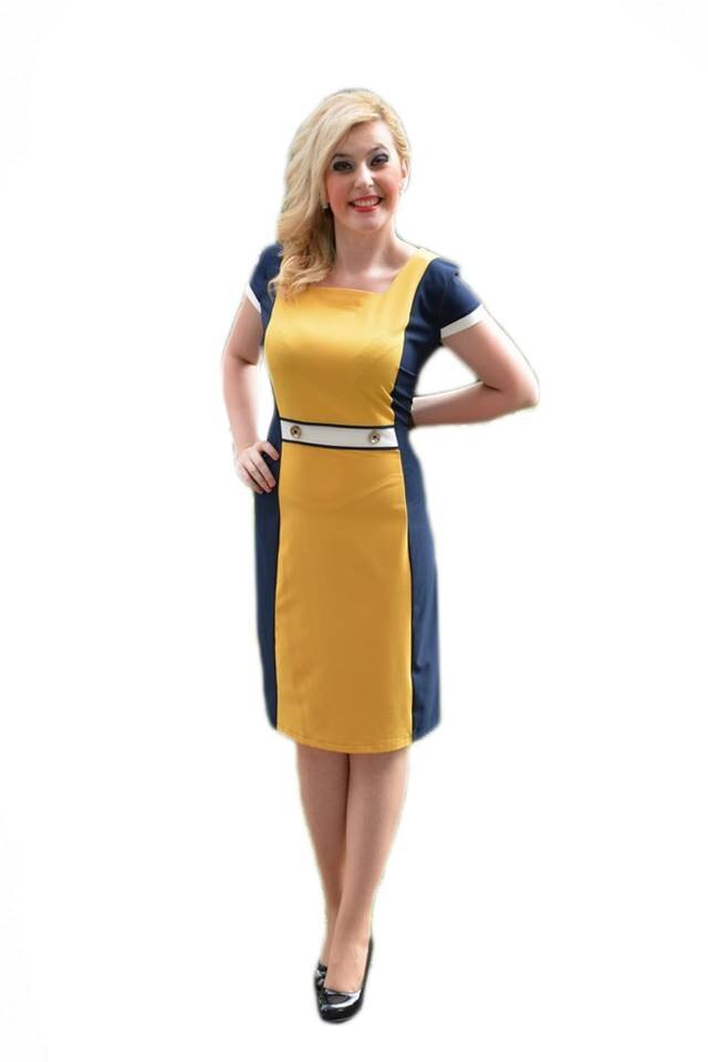 .Rochie cu croiala clasica si design cu nasturi in talie,D&J Exclusive, Galben