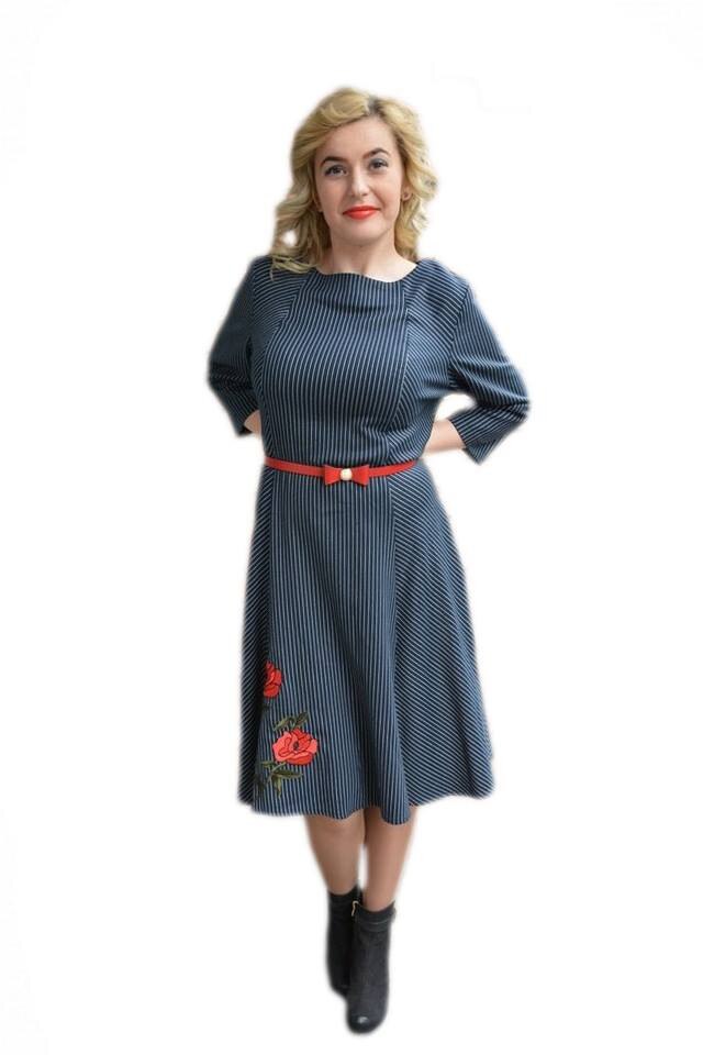 Rochie casual cu dungi albe si curea rosie,D&J Exclusive, Albastru marin