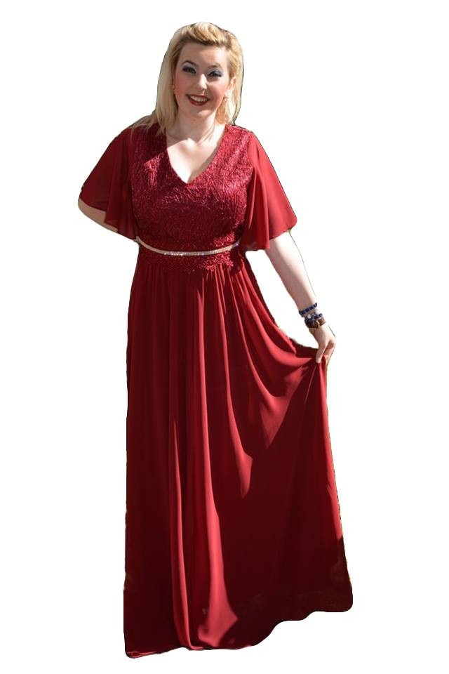 Rochie rafinata cu cristale in talie,masura mare,D&J Exclusive, Marsala