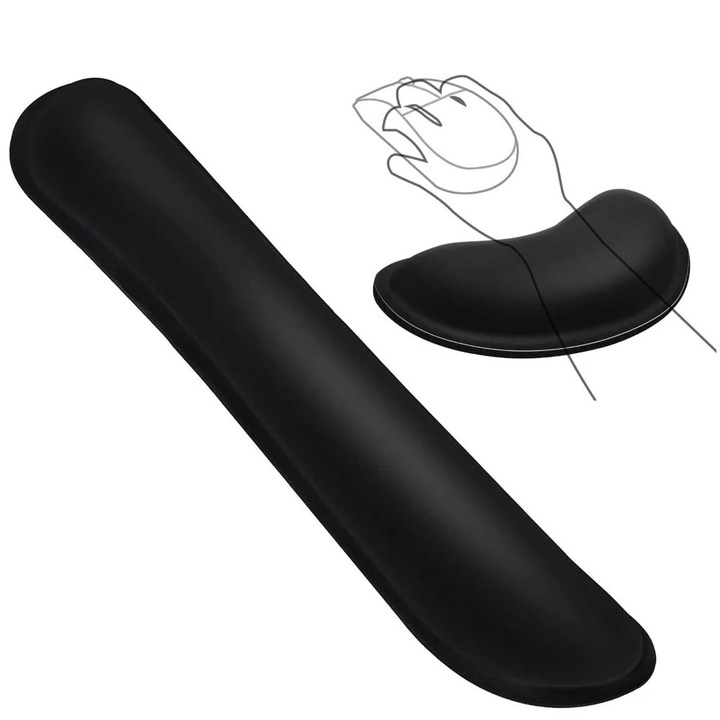 Suport pentru incheietura set perna tastatura + pad mouse YANYXR BCS2944301, Lycra fabrica + cauciuc, baza antiderapanta, 46×8.5×3 cm + 13.8×8.5×2.5 cm, negru