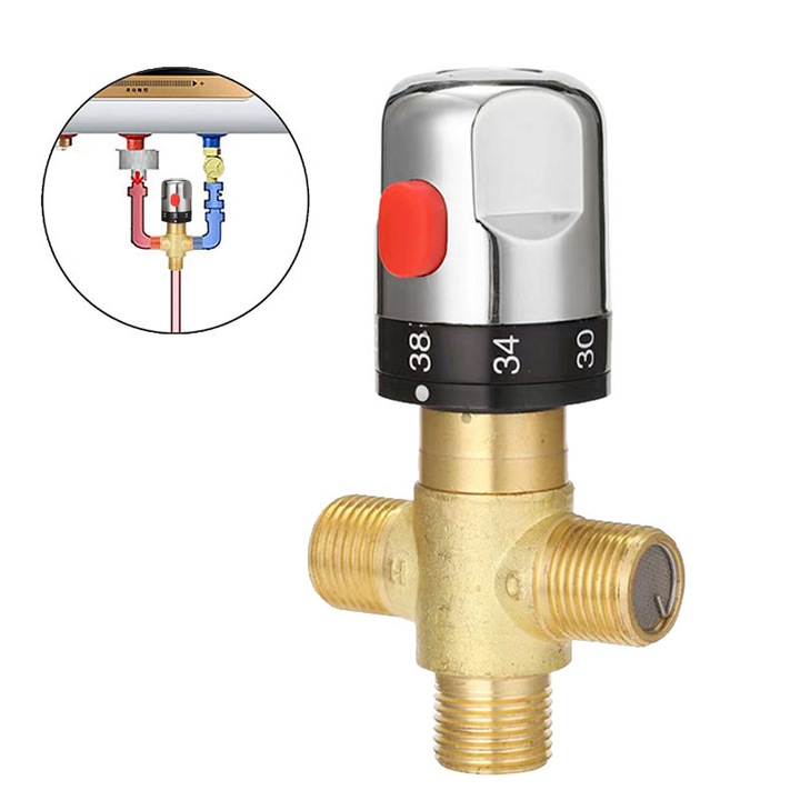 Valva de amestec termostatica, G1/2-DN15, din alama, control termic, reglabila intre 20-60°C, protectie anti-ardere, durabilitate ridicata