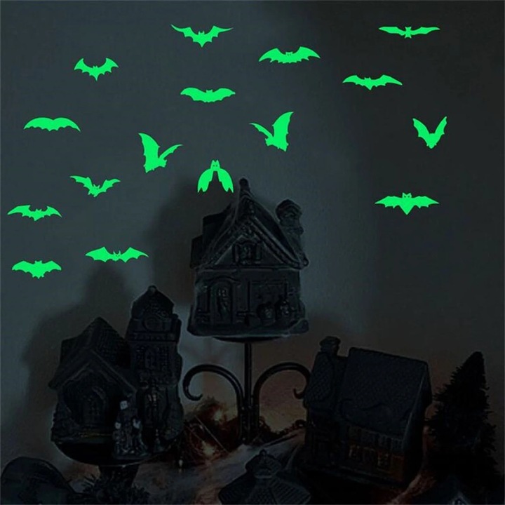 Fluoreszkáló falmatrica Halloween YANYXR, 16 denevér, többszínű, 30x20cm