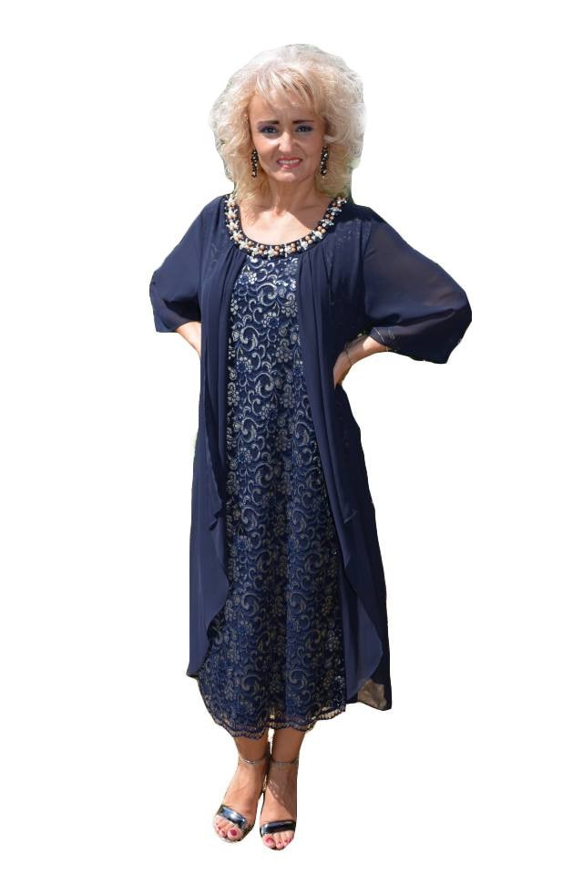 Rochie moderna din dantela si voal aplicat,masura mare,D&J Exclusive, Albastru marin