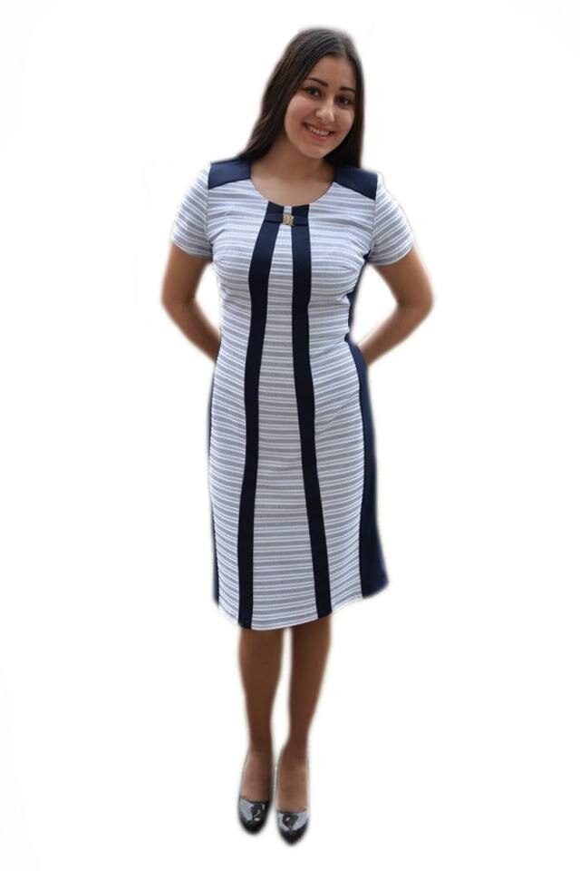 Rochie midi, dreapta, maneca scurta,D&J Exclusive, Bleumarin/Alb