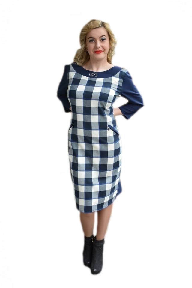 Rochie casual cu design de carouri mari,D&J Exclusive, Bleumarin/Alb