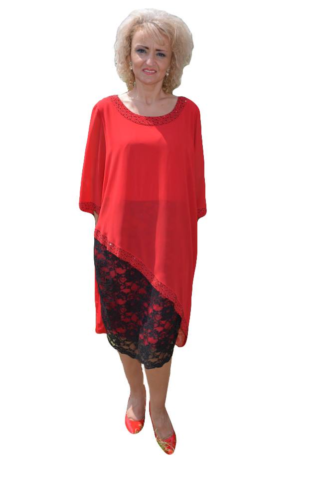 Rochie cu aplicatii de dantela si strasuri fine,masura mare,D&J Exclusive, Negru/Rosu