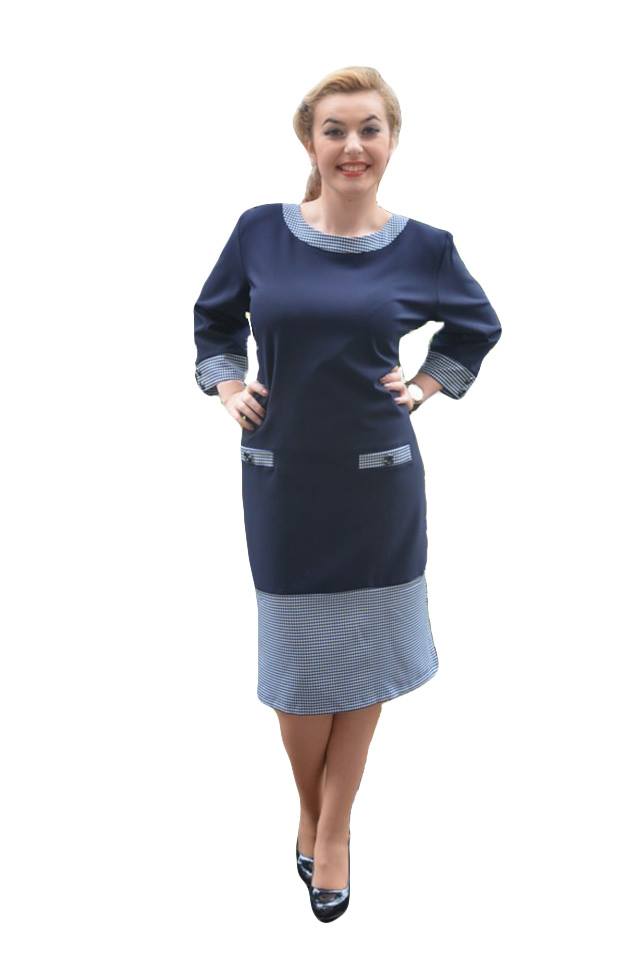 Rochie de zi cu maneca trei-sferturi si design pepit,masura mare,D&J Exclusive, Albastru marin