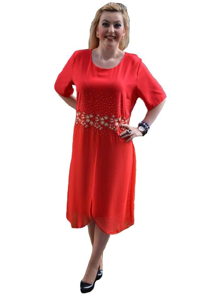 Rochie deosebita de ocazie, cu dantela, voal si cristale aurii,D&J Exclusive, Rosu