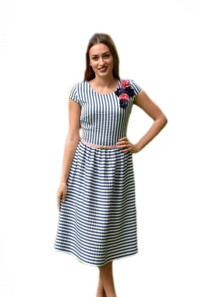 Rochie de zi cu dungi si curea ingusta in talie,D&J Exclusive, Alb / Albastru