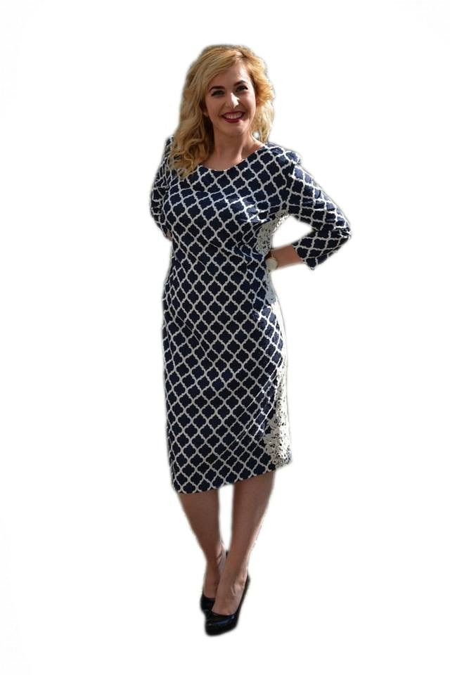 Rochie feminina cu inserti de dantela,D&J Exclusive, Bleumarin/Alb