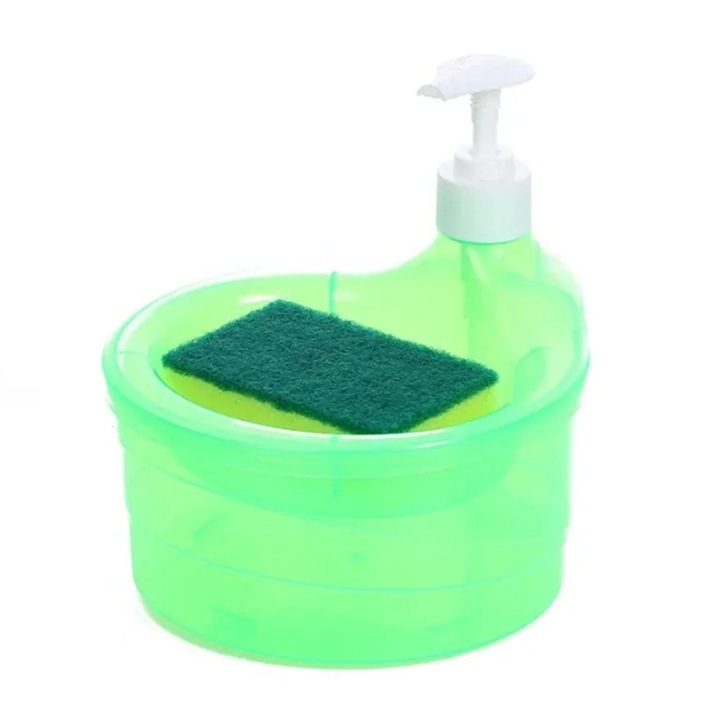 Dispenser detergent cu burete, transparent rosu verde mov, 14x13x11cm