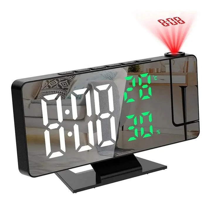 YANYXR DS-3618LP ébresztőóra, LED vetítés, fehér-zöld, 18.5x9.5x4.2cm