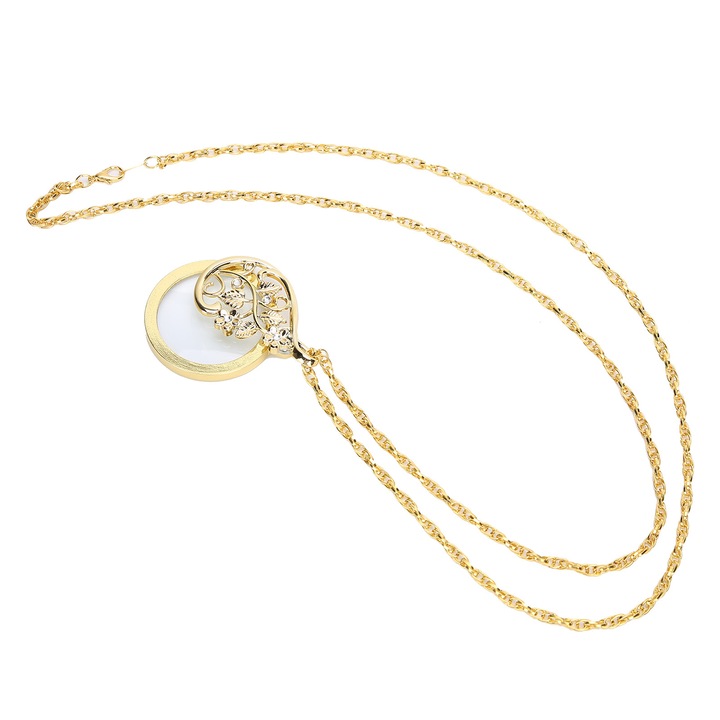 Fém nyaklánc, nagyítóval ellátott olvasó medál, arany