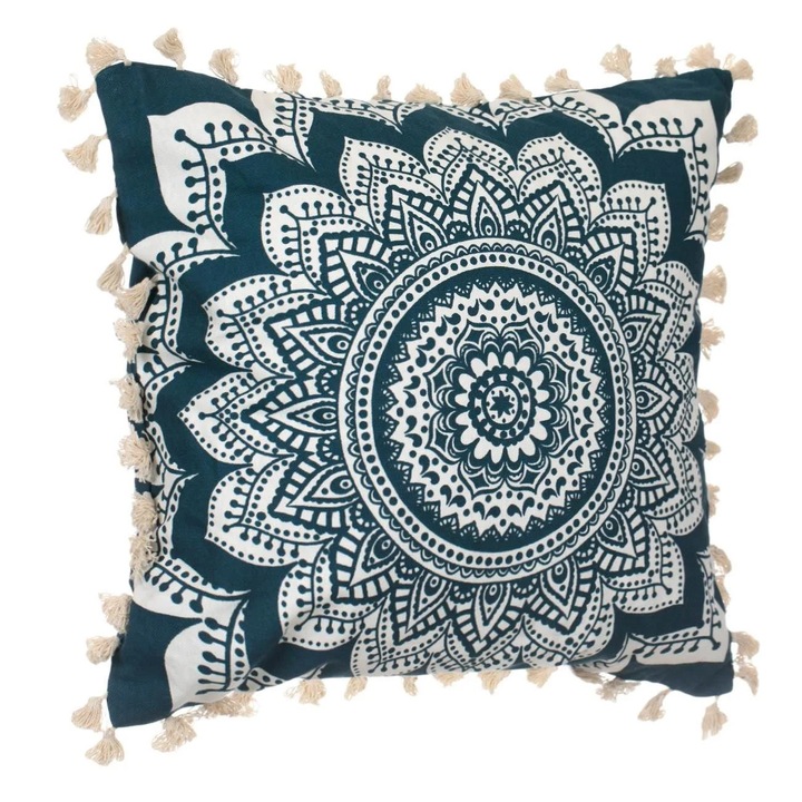 Лятна памучна възглавница петролно бяла мандала с пискюли 45x45 см