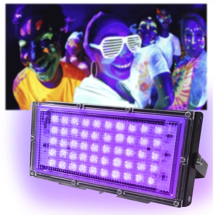 Proiector LED UV 50W, rezistent la apa, negru, 23x10cm