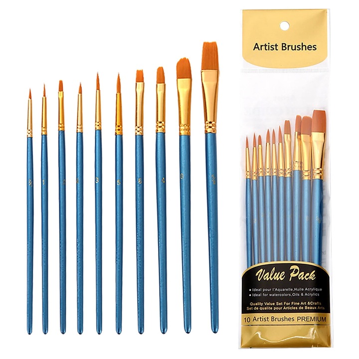 Set 10 pensule pictura YANYXR nylon albastru 16.6x19cm