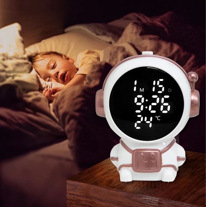 Декоративен будилник Astronaut Cube, очарователен дизайн, регулируем нощен режим, следене на температурата, червен, 14x11x8см