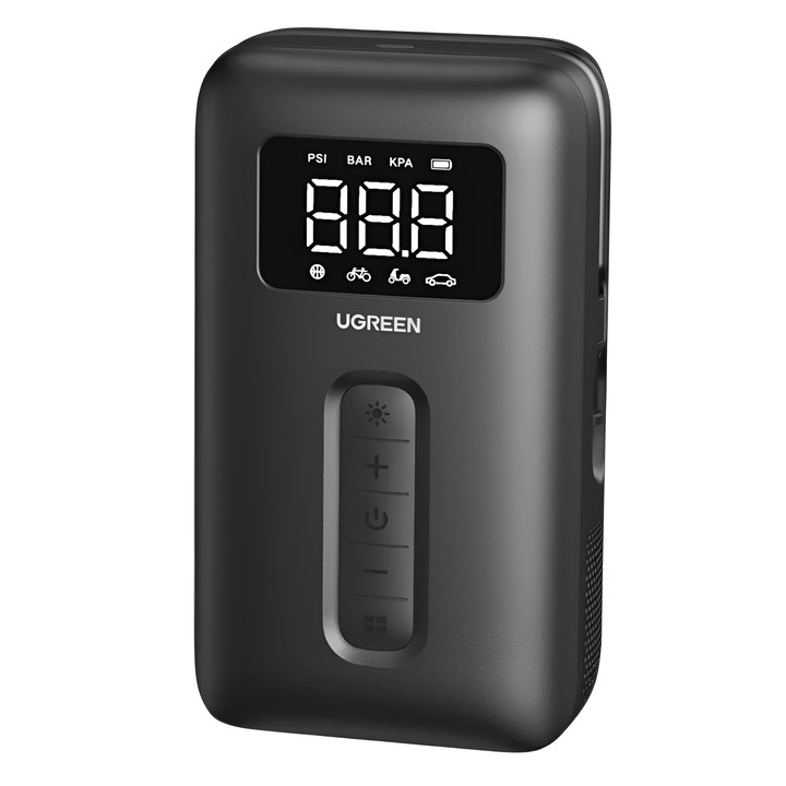 Compresor Aer Portabil Auto Ugreen CD259 cu Baterie Reincarcabila 5000mAh, Presiune 150 PSI, Pompa Electrica Anvelope Masina Bicicleta Moto, Afisaj LCD Digital, Iluminare LED Urgenta, Accesorii Incluse, Negru