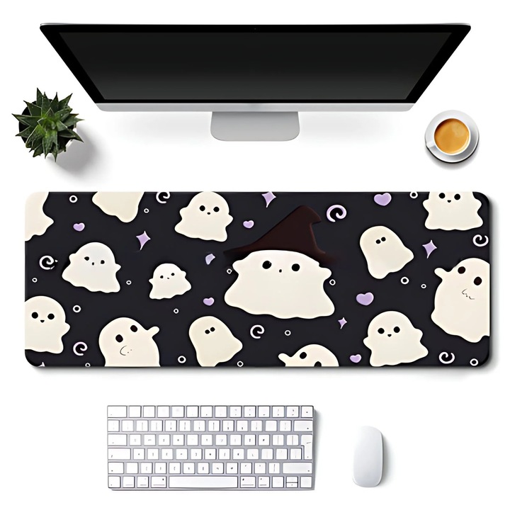 Mouse pad birou YANYXR BCS2909919, supradimensionat cu model fantome, suprafata textila si baza din cauciuc, negru/alb, 60 x 30 cm / 70 x 30 cm
