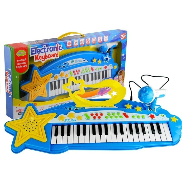 Keyboard muzical pentru copii, 37 clape, microfon cu stativ, multicolor, 56x19x3.5cm