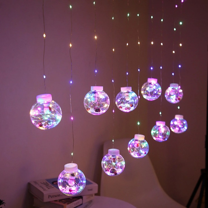 YANYXR BCS3068697 LED függönyfüzér, fő kábel 300 cm, cseppek 70/50 cm, 3x AA tápellátás, PVC, többszínű