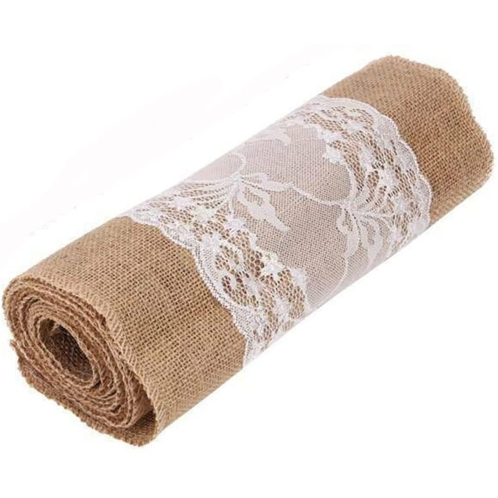 Természetes juta asztali futó csipkével, Enforose, 30x275cm, vintage design, újrafelhasználható