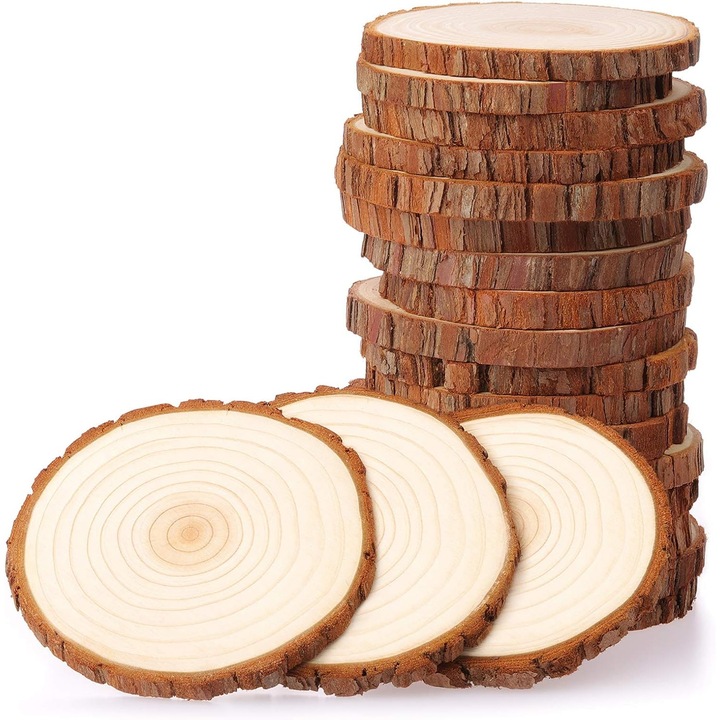 Set 20 bucati, discuri din lemn din pin natural cu scoarta, neperforate si slefuite, natural, 9-10 cm