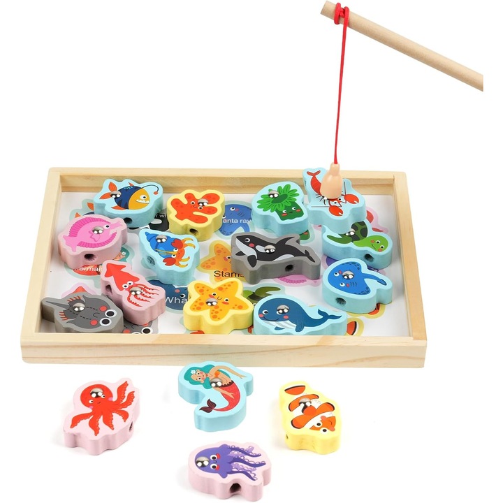 Joc de pescuit magnetic multifunctional, joc de pescuit din lemn, joc Montessori, jucarie educativa din lemn cu peste, jucarii educationale, cadou pentru baieti si fete, cadou de joc pentru copii de 3 ani si peste