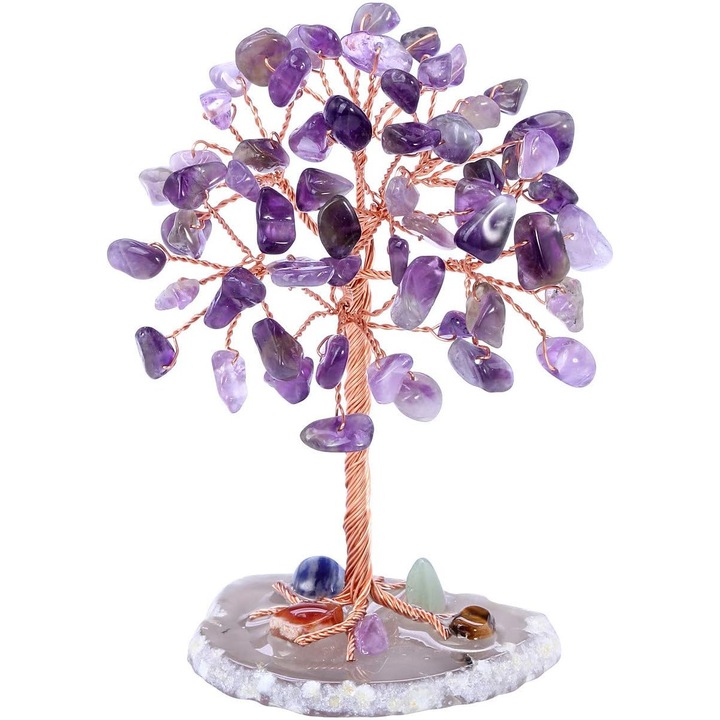 Copac de Cristal Miniatural, Agate Naturala, Amethyst, 9-9.5cm, Decorativ pentru Feng Shui