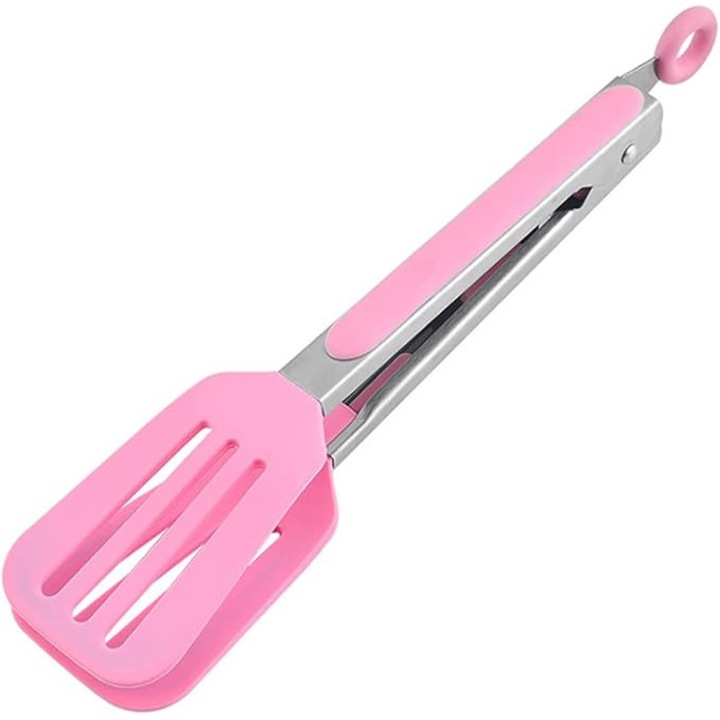 Cleste de bucatarie din silicon de 26, 5 cm (10, 4 inci), manere din otel inoxidabil, clema anti-oparire pentru gratar, paine si friptura, lacat retractabil - roz
