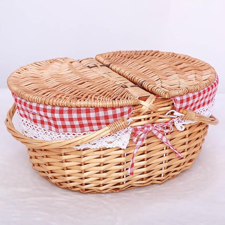 Rattan piknikkosár fedéllel és fogantyúkkal, ovális, piknikezéshez, partikhoz és grillezéshez, B