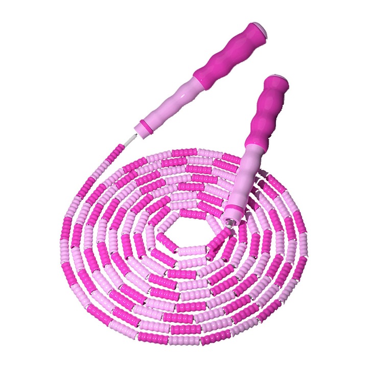 Corzi de sarit cu margele pentru fitness – antrenament distractiv si in stil vintage cu exercitii pentru adulti si copii (minge mare roz + bloc de greutati)