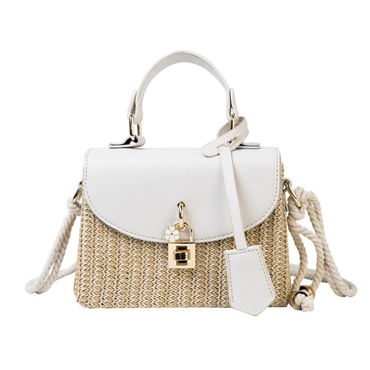 Szalma válltáska, fehér, 18x8,5x14cm, 130cm hosszú pánttal és PU részletekkel