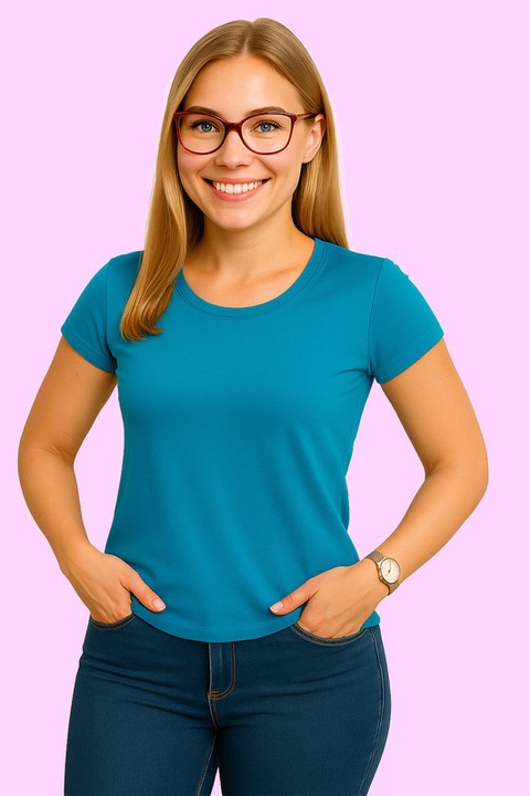 Tricou Dama Bumbac Simplu Casual Elegant Vara, Turcoaz