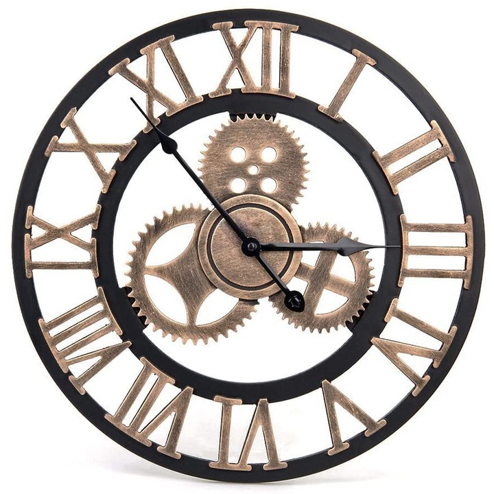 Ceas de perete vintage in stil artistic retro european, cu instalatii decorative si cifre romane 3D lucrate manual, potrivit pentru utilizare in sufragerii, bucatarii, dormitoare, baruri si cafenele