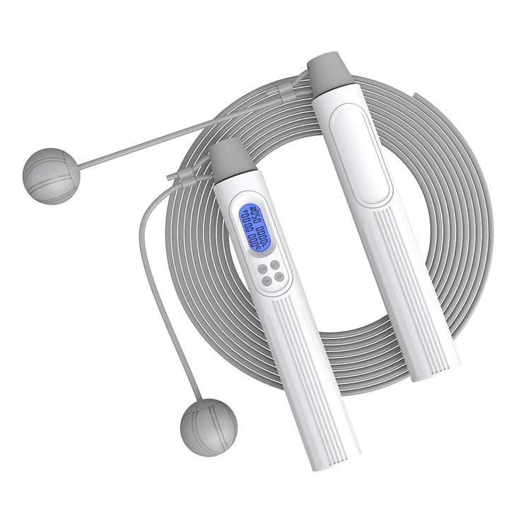Coarda de sarit cu contor, fara fir, coarda de sarit ponderata, reglabila, pentru fitness, antrenament sportiv (alb + gri)