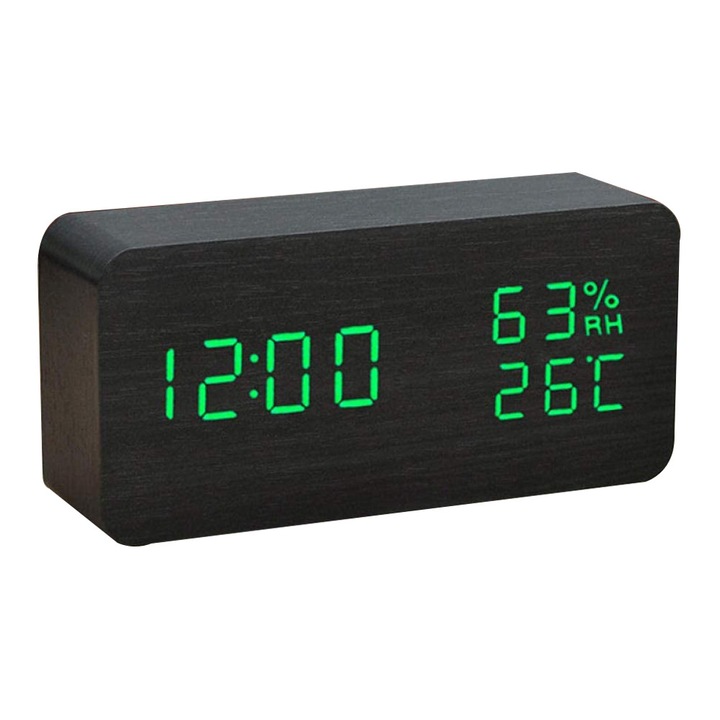 Faasztali óra, digitális LED ébresztőóra, dátummal/hőmérséklettel/USB-vel/akkumulátoros működéssel, kreatív elektronikus óra (zöld fa fekete betűtípus)