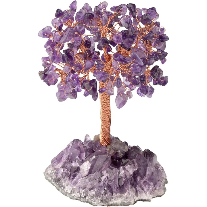Copac cu pietre pretioase, figurina de bonsai din cristal Feng Shui, decor de copac din cristal pentru noroc si sanatate (violet)