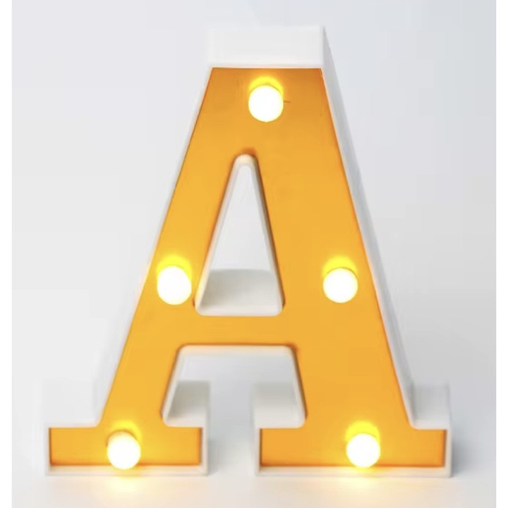 Litera Luminoasa "A", LED, cu 2 Baterii Incluse, Alb Cald, Decorativa, din Plastic, Alb/Auriu, 16 cm