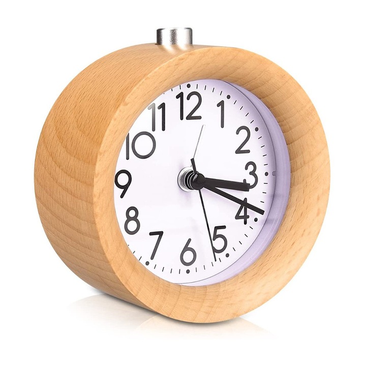 Analóg ébresztőóra, csendes járású, kerek, fa, retro design
