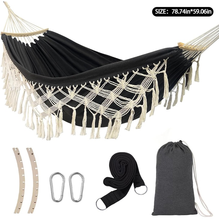 Hamac de gradina din bumbac, confortabil, elegant, Deluxe, cu ciucuri, hamac balansoar durabil, pana la 500 lbs, hamac portabil cu geanta de calatorie, perfect pentru veranda, terasa, curte, dormitor, exterior/interior