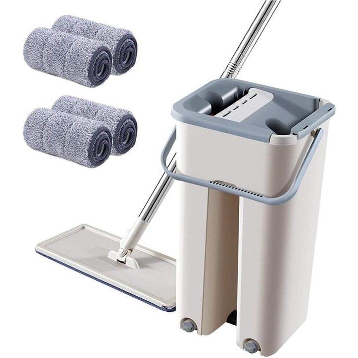 Set mop plat pliabil cu galeata si 4 lavete, rotativ 360°, alb, universal