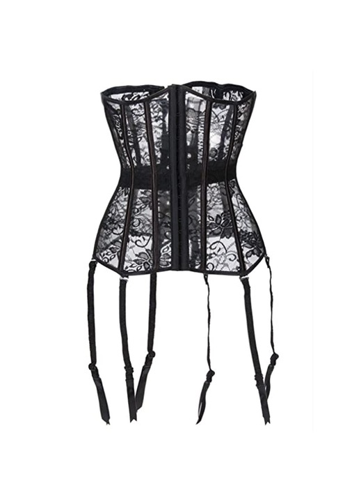 Корсет от мрежеста дантела, флорален мотив, черен, Черен, XL
