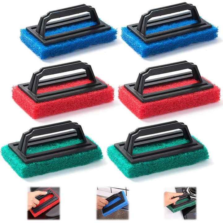 Set 6 bucati, bureti cu maner pentru curatare, din plastic si fibre, maner ergonomic antiderapant, protectie pentru maini, potrivite pentru piscine, bucatarii si bai, Multicolor