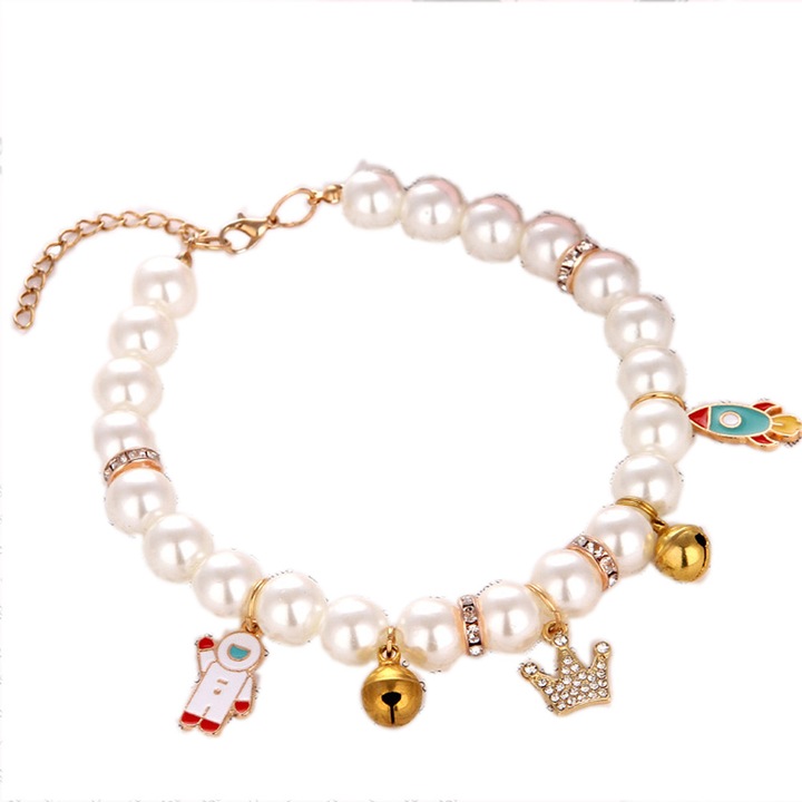 Colier pentru caini, cu perle, strasuri si panglici, M